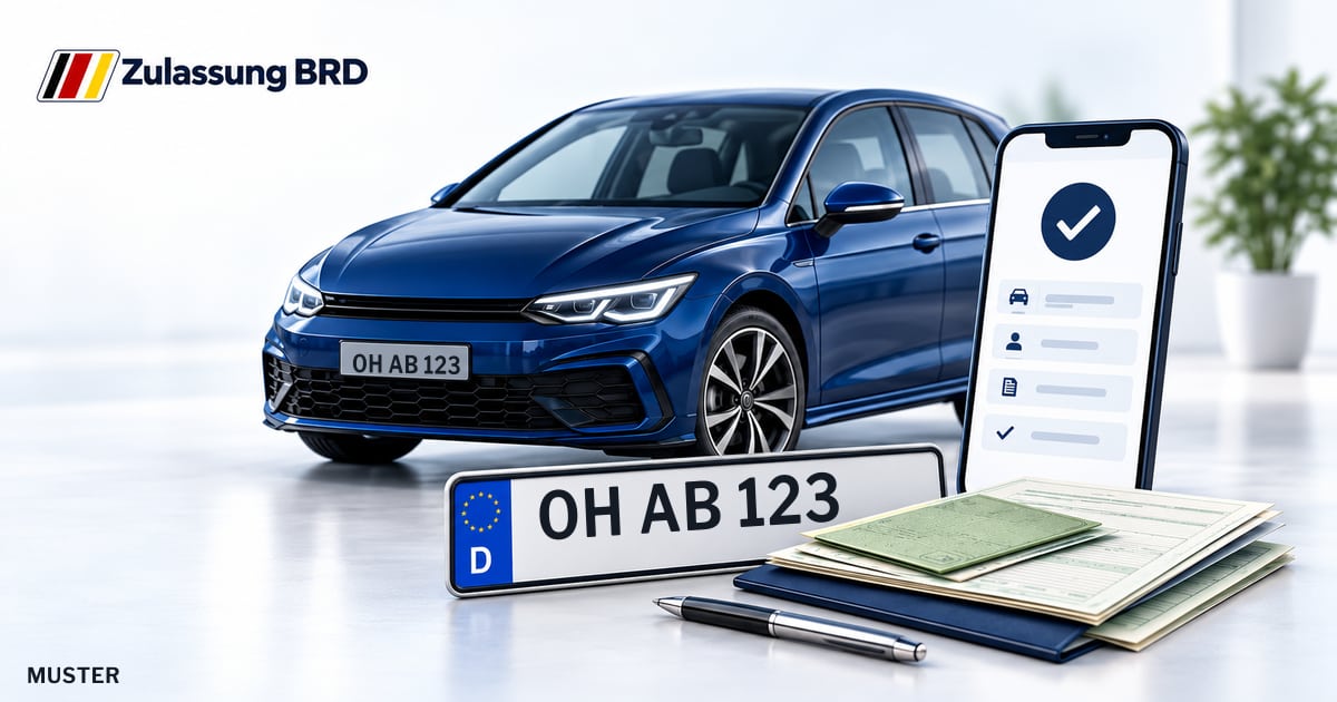 Online Fahrzeugzulassung in Fehmarn: Musterkennzeichen OH AB 123, Auto und Fahrzeugpapiere und Smartphone. Illustration mit Logo von Zulassung BRD.